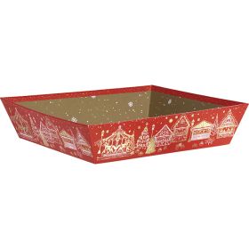 Tavă din carton pătrată, ștanțare cu folie la cald "Bonnes Fêtes" rosu/alb/auriu, 25x25x6 cm, BF447CM