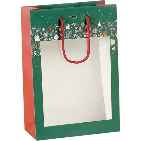 Bag paper PET window green/red/gold "Bonnes Fêtes" red cord handles eyelet, 20x10x29 cm, SB091S