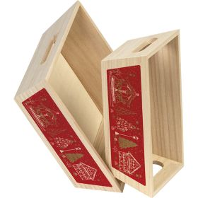 Tray wood rectangular red Bonnes Fêtes chalets handles, 22x12x8 cm, B137S