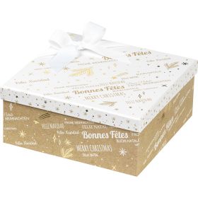 Cutie pătrată din carton, kraft/alb/aurie cu motiv de Crăciun „Bonnes Fêtes”, 21x21x9 cm, BF429S