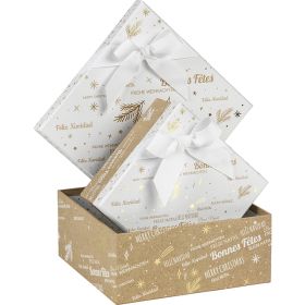 Box cardboard square kraft/white/gold hot foil stamping "Bonnes Fêtes", 21x21x9 cm, BF429S