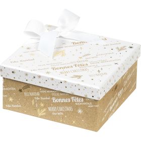 Cutie pătrată din carton, kraft/alb/aurie cu motiv de Crăciun „Bonnes Fêtes”, 16x16x7,5 cm, BF429XS