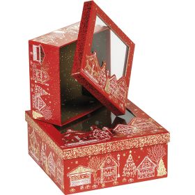 Cutie pătrată din carton, roșie cu motiv de Crăciun „Bonnes Fêtes” cu fereastră PET, 21x21x9 cm, BF446S
