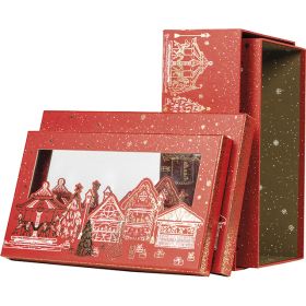 Box cardboard rectangular red/gold hot foil stamping PET window "Bonnes Fêtes", 31.5x18x10 cm, BF450P