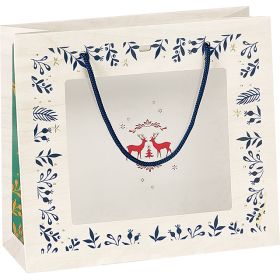 Bag paper PET window wood effect/red/green/gold Bonnes Fêtes blue cord handles eyelet, 25x10x22 cm, SB083P