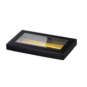 Rectangular cardboard box for chocolate candies, PET window, black/gold;