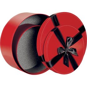 Cutie de carton rotundă panglică satinată roșie/neagră; Dimensiuni in cm: D25,5x10; ND101P