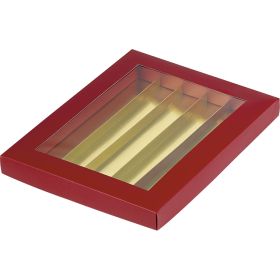 Cutie de carton dreptunghiulara pentru bomboane, fereastra PET, rosso/aurie; PC168M