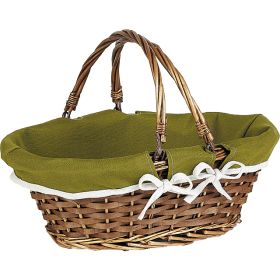 Basket wicker/wood oval brown green fabric/white edge wicker handles, 42x32x18cm, PN076G