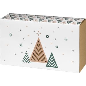 Cutie dreptunghiulară din carton kraft cu mânecă lucioasă Pom de Crăciun, /verde/alb Bonnes Fêtes , 31,5x18x10cm, GF002P