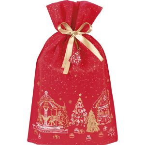 Bag polypropylene non-woven Red/white/gold Christmas tree gold satin ribbon gift tag, 33x55 см, SC091P