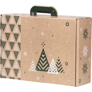 Suitcase cardboard kraft rectangular Bonnes Fêtes Christmas trees/green/white