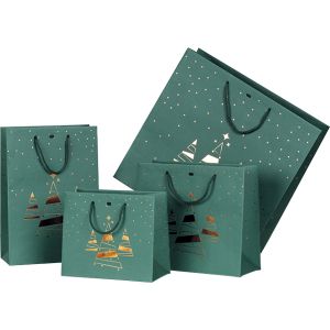 Bag paper green/copper hot foil stamping Bonnes Fêtes Christmas trees green cord handles eyelet 20x10x29 cm, SB561S