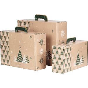 Cardboard rectangular briefcase box, "MERRY CHRISTMAS", kraft/green/white, 34.2x25.5x11.5 cm, CV045M