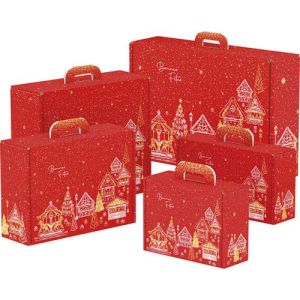 Cutie servieta dreptunghiulară din carton Bonnes Fêtes, roșu/alb/auriu, 34,2x25x11,5 cm, CV040M