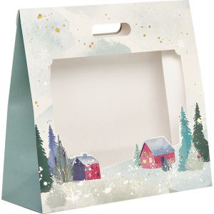 Punga de hartie "SNOWY COUNTRY", imprimare la cald, cu "fereastra" PET, banda autoadeziva, 35x13x33 cm, SB803G