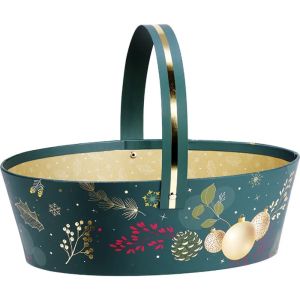 Coș oval din carton ENCHANTED NATURE verde/auriu ștanțat la cald cu mâner pliabil, 25,0 x 19,0 x 8,0 cm, BF492
