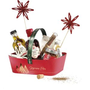Coș dreptunghiular din carton, CHRISTMAS PRESTIGE roșu/auriu ștanțat la cald 25,0 x 19,0 x 8,0 cm, BF512