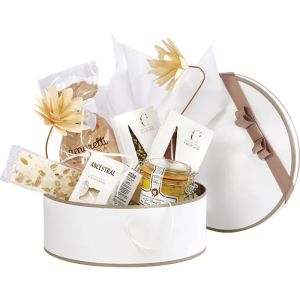 Cutie rotundă din carton LUMINI ȘI UMBRE alb/maro/imprimat UV 27,5 x 27,5 x 10,0 cm, ND151P