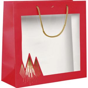 Pungă de hârtie CHRISTMAS PRESTIGE roșu/auriu cu fereastră, 35,0 x 13,0 x 33,0 cm, SB1003G
