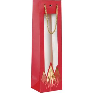 Punga de hartie pentru 1 sticla CHRISTMAS PRESTIGE rosu/auriu cu geam, 11,0 x 9,0 x 39,0 cm, SB1004-1B