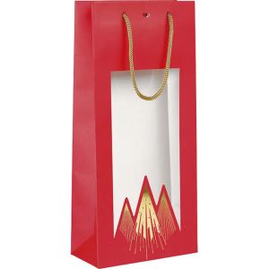 Pungă de hârtie pentru 2 sticle CHRISTMAS PRESTIGE roșu/auriu cu fereastră, 18,0 x 9,0 x 39,0 cm, SB1005-2B