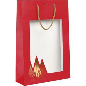 Pungă de hârtie pentru 3 sticle CHRISTMAS PRESTIGE roșu/auriu cu fereastră, 27,0 x 9,0 x 39,0 cm, SB1006-3B