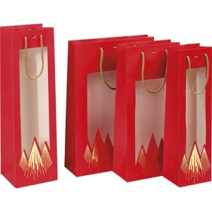 Pungă de hârtie pentru 3 sticle CHRISTMAS PRESTIGE roșu/auriu cu fereastră, 27,0 x 9,0 x 39,0 cm, SB1006-3B