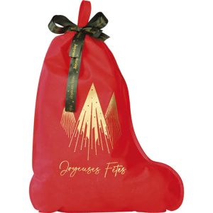 Geantă de ciorapi din polipropilenă CHRISTMAS PRESTIGE roșu/auriu cu panglică din satin verde, 39,0 x 50,0 cm, SC107