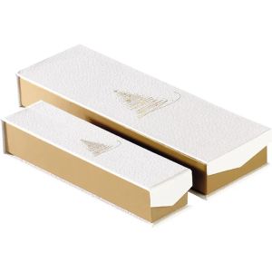 Cutie carton dreptunghiulara pentru bomboane de ciocolata 2 randuri cu inchidere magnetica GOLDEN SPARKLES textura alb/auriu imprimare la cald, 23,0 x 7,5 x 3,3 cm, PC300LW