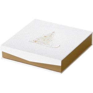 Cutie carton patrata pentru bomboane de ciocolata 4 randuri cu inchidere magnetica GOLDEN SPARKLES textura alb/auriu imprimare la cald, 15,5 x 15,5 x 3,3 cm, PC300MW