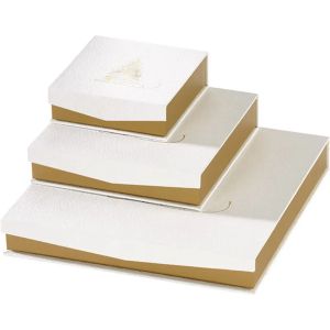 Cutie carton dreptunghiulara pentru bomboane de ciocolata 3 randuri cu inchidere magnetica GOLDEN SPARKLES textura alb/auriu imprimare la cald, 10,8 x 10,8 x 3,3 cm, PC300PW