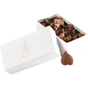  Cutie de carton pentru bomboane de ciocolata GOLDEN SPARKLES textura alb/auriu imprimare la cald 3 separatoare, 15,8 x 8,3 x 6,2 cm, PC301PW