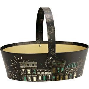 Coș oval din carton FESTIVE CITIES, ștanțare la cald negru/auriu, 25,0 x 19,0 x 8,0 cm, BF532