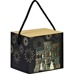 Cutie de carton cu capac FESTIVE CITY negru/verde/auriu, ștanțare la cald, 12,5 x 11,0 x 11,0 cm, CP322S