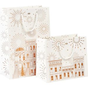 Pungă de hârtie FESTIVE CITY, alb/auriu, ștanțare la cald, 20.0 x 10.0 x 29.0 cm, SB1053S