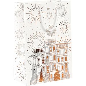 Pungă de hârtie FESTIVE CITY, alb/auriu, ștanțare la cald, 20.0 x 10.0 x 29.0 cm, SB1053S