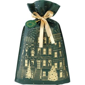 Geantă din polipropilenă FESTIVE CITY auriu/verde, panglică de satin auriu cu etichetă, 33,0 x 55,0 cm, SC103P
