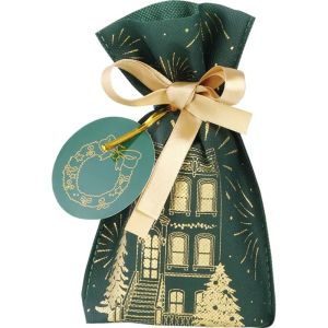 Geantă din polipropilenă FESTIVE CITY auriu/verde, panglică de satin auriu cu etichetă, 12,0 x 20,5 cm, SC103XS