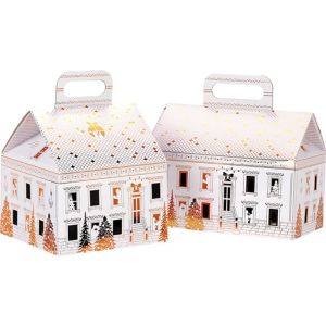 Cutie de carton în formă de casă, FESTIVE CITY, alb/auriu, 31,0 x 19,0 x 23,0 cm, CP320RBF
