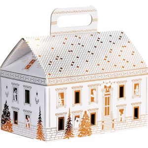 Cutie de carton în formă de casă, FESTIVE CITY, alb/auriu, 31,0 x 19,0 x 23,0 cm, CP320RBF