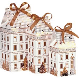 Cutie de carton în formă de casă, FESTIVE CITY, alb/auriu, 12,0 x 10,0 x 23,5 cm, CP321PBF