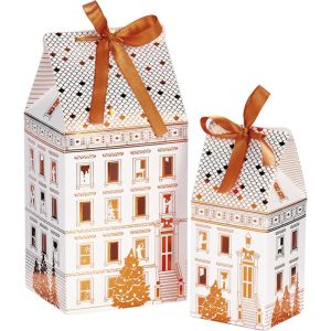 Cutie de carton în formă de casă, FESTIVE CITY, alb/auriu, 8,0 x 7,0 x 15,9 cm, CP321XSBF