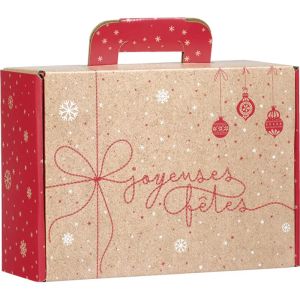 „Valiza” din carton kraft dreptunghiular SURPRIZE DE IARNĂ roșu/alb, 25,0 x 18,5 x 9,5 cm, CV056S