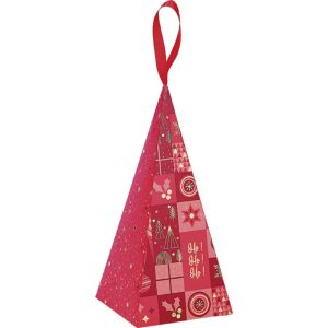 Pungă piramidă de hârtie „MOZAIC DE CRĂCIUN” în roșu/auriu cu panglică de satin roșie, 20,0 x 9,0 x 9,0 cm, SB701S