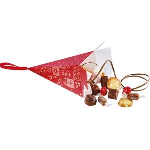 Pungă piramidă de hârtie „MOZAIC DE CRĂCIUN” în roșu/auriu cu panglică de satin roșie, 20,0 x 9,0 x 9,0 cm, SB701S
