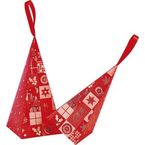 Pungă piramidă de hârtie „MOZAIC DE CRĂCIUN” în roșu/auriu cu panglică de satin roșie, 20,0 x 9,0 x 9,0 cm, SB701S