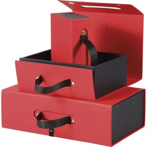 Cutie dreptunghiulară din carton tip „servietă” în culorile roșu și negru, 23,5x18,5x9,0 cm, CP310S-TR